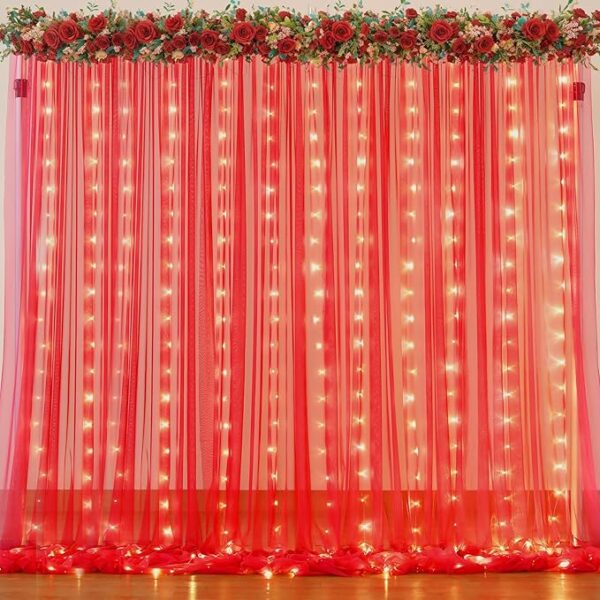Limited time deal 54%off Red Tulle Backdrop Curtain with Lights String for Parites 20x8ft Sheer Backdrop Curtains Drapes for Birthday