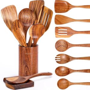 Limited time deal 15% off  9 Piece Natural Teak Wooden Kitchen Utensil Set with Spoon Rest